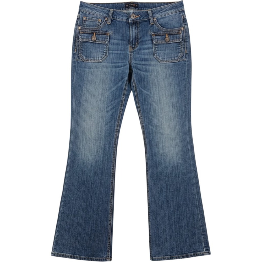 LEI Utility Gear Y2K Low Rise Flare Jeans Medium Wash Denim Womens 13